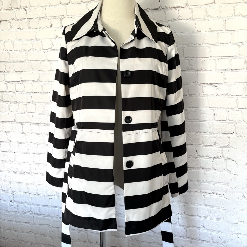 CYNTHIA ROWLEY Black & White Striped Short Trench Coat--EUC--S - Picture 3 of 16